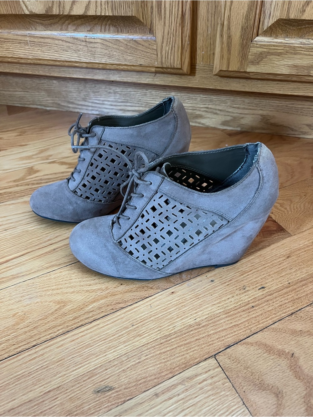 Fergie Taupe Suede Laser-Cut Lace-Up Wedge Booties